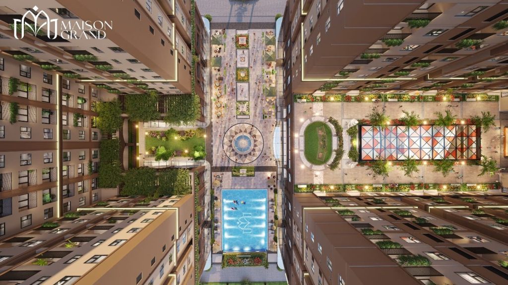 Mặt cắt thẳng đứng giữa hai tháp đôi Maison Grand – nơi hồ bơi, quảng trường và không gian xanh hội tụ thành một "ốc đảo" tiện ích riêng biệt.